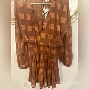 Asod godet plunge brown checked dress nwt